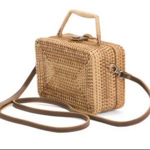 Wicker Basket Crossbody Bag Wood Leather Brown